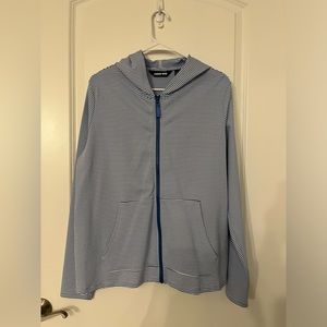 Lands End zip up hoodie jacket swim cover up periwinkle blue seer sucker stripe